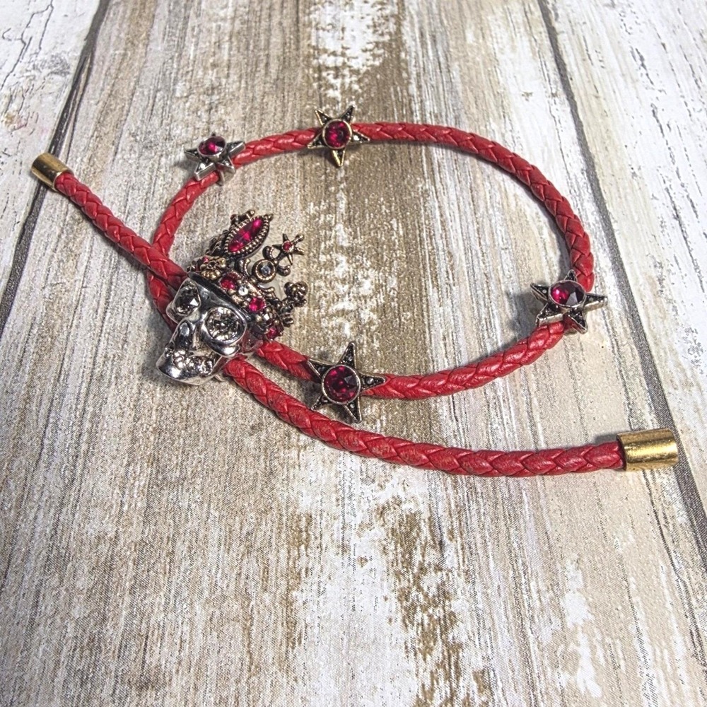 Alexander McQueen Red Braided Leather Skull Crown Star Wrap Bracelet Made Italy - Picture 10 of 11